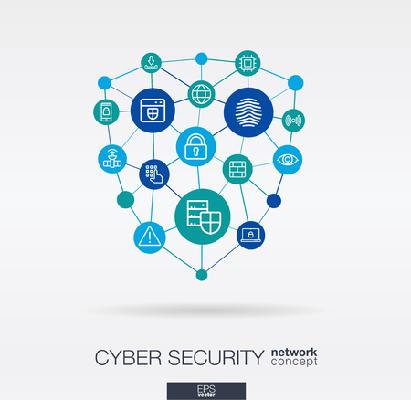 Cyber security integrated thin line web icons in shield shape. Digital network concept. Connected graphic design polygons, circles system. Abstract big data protect background, internet safety. Vectorのイラスト素材