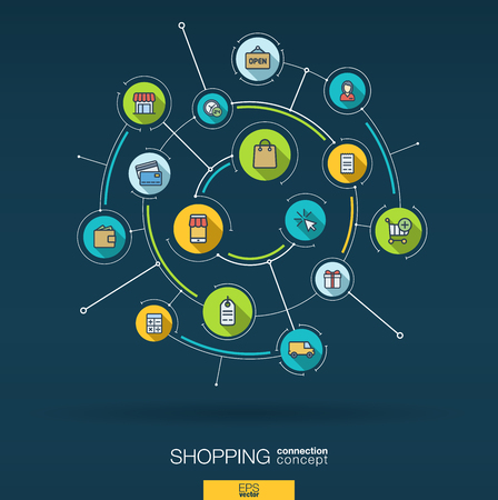 Abstract online shopping background. Digital connect system, integrated circles, flat icons, long shadows. Network interact interface concept. Ecommerce, market sales vector infographic illustrationの写真素材