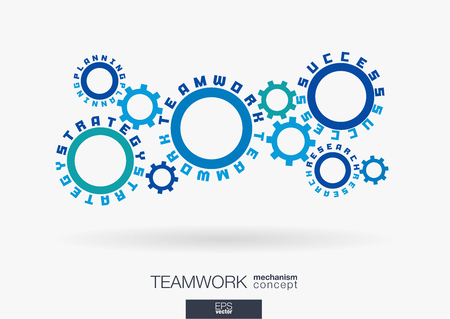Connected cogwheels concept. Teamwork success, strategy plan, research words. Integrated gears, text. Business team work communication idea. Cog wheel collaboration mechanism. Vector infograph systemの写真素材