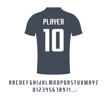 Sport universal font for soccer, football, baseball or basketball team logo, t-shirt. Athletic player name typeface. Geometric typography style, vector alphabet. Letters, numbers for equipment design.のイラスト素材
