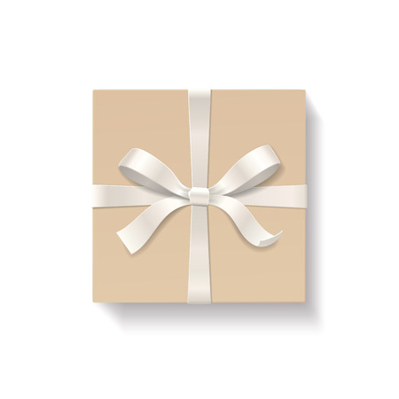 Square kraft gift box with silver color bow knot and ribbon isolated on white background. Happy birthday, Christmas, New Year, Wedding or Valentine Day package concept. Vector illustration 3d top viewのイラスト素材