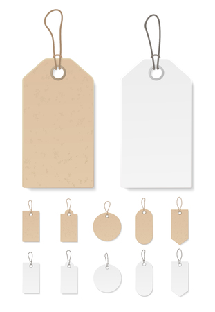 Set of blank gift box tags or sale shopping labels with rope. White paper and brown kraft realistic material. Empty organic style stickers. Flat design isolated vector.のイラスト素材