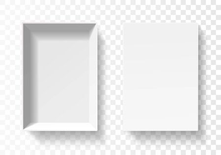 Open pack box for phone . Empty cardboard container template. 3d top view illustration with transporented shadow isolated on white. Blank space inside pakage mockup. Closeup realistic vector object.のイラスト素材
