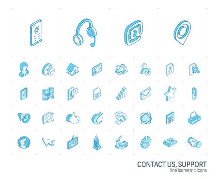Isometric line icon set. 3d vector colorful illustration with contact us symbols. Communication, home, call, speech bubble, email, letter, envelope, handshake colorful pictogram Isolated on whiteのイラスト素材