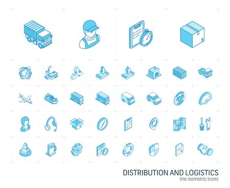 Isometric line icon set. 3d vector colorful illustration with Logistic, delivery business, distribution symbols. Service, export, shipping, transport colorful pictogram Isolated on whiteのイラスト素材
