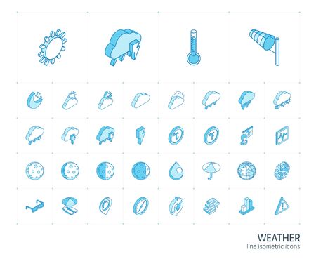 Isometric line icon set. 3d vector colorful illustration with meteo symbols. Weather cast, cloud, rain, snow, moon, thermometer, umbrella colorful pictogram Isolated on whiteのイラスト素材