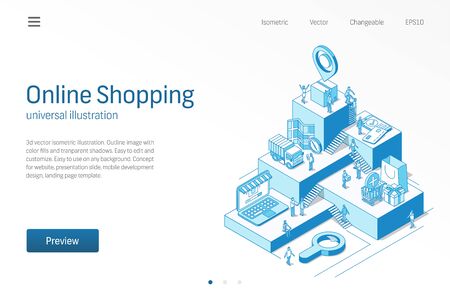 Online Shopping. Business people teamwork. Customer journey modern isometric line illustration. Ecommerce market, delivery, distance payment icon. 3d vector background. Growth step infographic conceptのイラスト素材