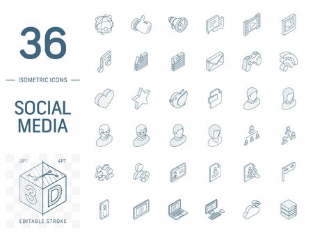 Isometric line art icon set. Vector illustration with social media and digital technology symbols. Like, speech bubble, avatar, computer, web, mobile pictogram. 3d technical drawing. Editable strokeのイラスト素材
