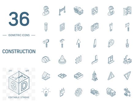 Isometric line art icon set. Vector illustration with construction, industrial, architectural, engineering symbols. Home repair tools, worker, building pictogram. 3d technical drawing. Editable strokeのイラスト素材