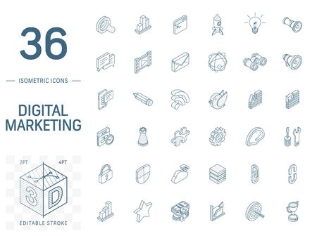 Isometric line art icon set. Vector illustration with SEO optimization symbols. Digital network, analytics, social media traffic and market graph pictogram. 3d technical drawing. Editable strokeのイラスト素材