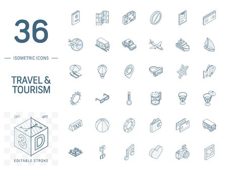 Isometric line art icon set. Vector illustration with travel, tourism symbols. Summer vacation, airplane, map, luggage, sunglasses pictogram. 3d technical drawing. Editable strokeのイラスト素材
