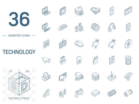 Isometric line art icon set. Vector illustration with technology, digital symbols. Cloud computing, print, VR glasses, 4k resolution and wireless pictogram. 3d technical drawing. Editable strokeのイラスト素材