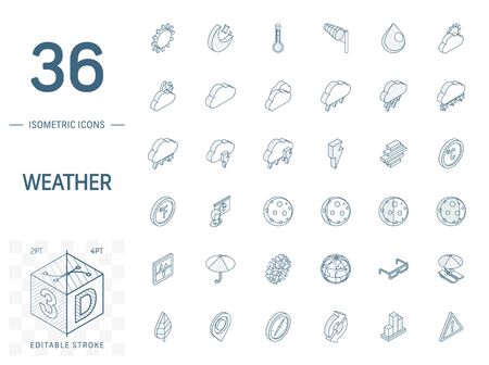 Isometric line art icon set. Vector illustration with meteo symbols. Weather cast, cloud, rain, snow, moon, thermometer, umbrella pictogram. 3d technical drawing. Editable strokeのイラスト素材