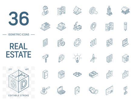 Isometric line art icon set. Vector illustration with real estste symbols. Agent, house, rent, key, apartment, sale, search, commercial and equipment pictogram. 3d technical drawing. Editable strokeのイラスト素材