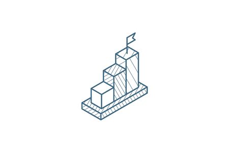 Growing bar chart with flag on peak isometric icon. 3d vector illustration. Isolated line art technical drawing. Editable strokeのイラスト素材