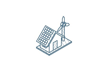 Green House concept ecological equipment - solar cells and wind turbine isometric icon. 3d vector illustration. Isolated line art technical drawing. Editable strokeのイラスト素材