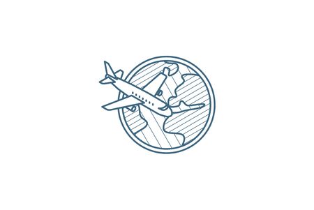 Earth Planet. Plane trip around the world isometric icon. 3d vector illustration. Isolated line art technical drawing. Editable strokeのイラスト素材