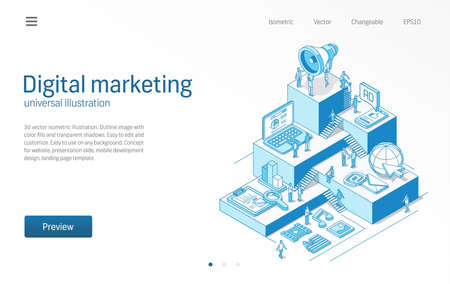 Digital marketing. Business people teamwork. Mobile advertising strategy, seo modern isometric line illustration. Social media, viral content icon. 3d vector background. Growth step infograph conceptのイラスト素材