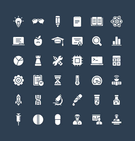 Vector flat icons set and graphic design elements. Illustration with science and laboratory research solid symbols. Idea bulb, dna code, medical development, conference, atom glyph pictogramのイラスト素材