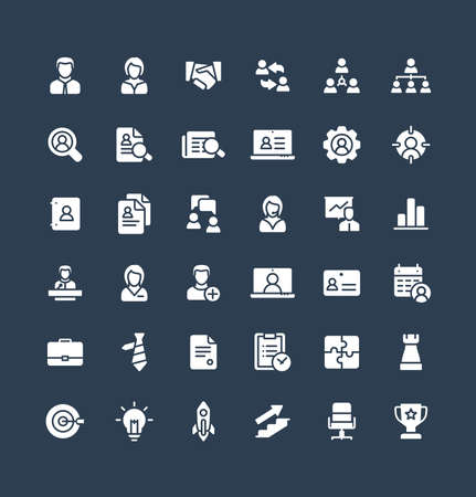 Vector flat icons set and graphic design elements. Illustration with business and management solid symbols. Marketing research, strategy, work people, career, job interview glyph pictogramのイラスト素材