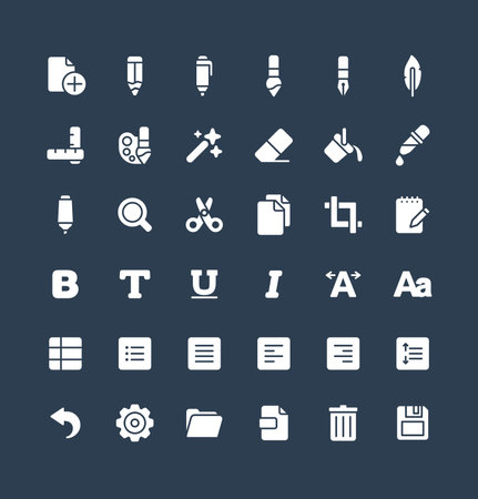 Vector flat icons set, graphic design elements. Illustration with text edit, Graphic tools solid symbols. Pencil, eraser, new file, brush, pen, scissors, bold, italic font glyph pictogramのイラスト素材