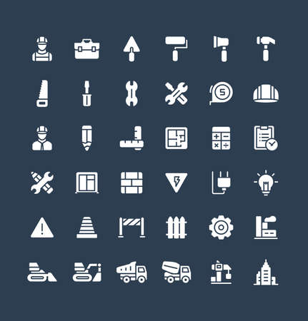 Vector flat icons set and graphic design elements. Illustration with construction, industrial, architectural, engineering solid symbols. Home repair tools, worker, build glyph pictogramのイラスト素材