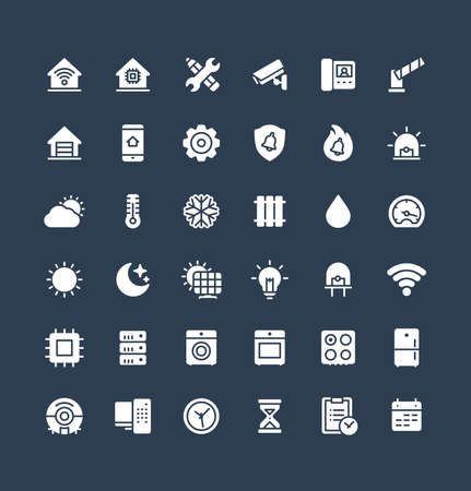 Vector flat icons set, graphic design elements. Illustration with home, smart house, solid symbols. Robot vacuum cleaner, oven, device, security, wireless remote control system glyph pictogramのイラスト素材