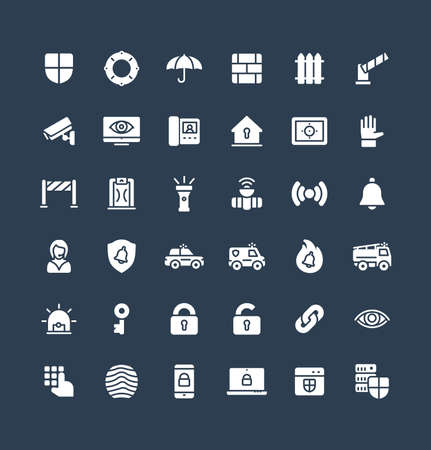 Vector flat icons set, graphic design elements. Illustration with security, cyber safety solid symbols. Protection, brick wall, camera, video monitor, home lock, control access glyph pictogramのイラスト素材