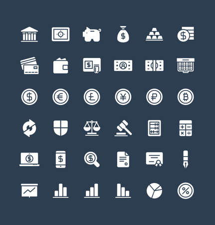 Vector flat icons set and graphic design elements. Illustration with banking and finance solid symbols. Bank, card, wallet, coin, safe, money bag, cash, dollar, euro, bitcoin glyph pictogramのイラスト素材