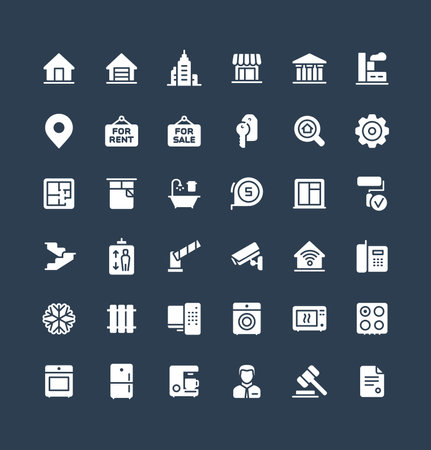 Vector flat icons set, graphic design elements. Illustration with real estate solid symbols. Residential properties, apartments, store, office agency, rent room, bathroom, lift glyph pictogramのイラスト素材