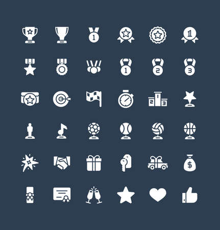 Vector flat icons set, graphic design elements. Illustration with award, achievement symbols. Medal, sport trophy, first place prize, victory gift, cinema, music statuette glyph pictogramのイラスト素材