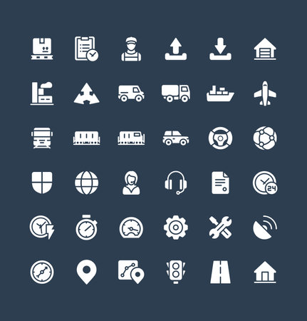 Vector flat icons set and graphic design elements. Illustration with Logistic, delivery business, distribution solid symbols. Service, export, shipping, transport glyph pictogramのイラスト素材