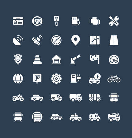 Vector flat icons set and graphic design elements. Illustration with transport, navigation solid symbols. Driver license, wheel, gas station, road service, GPS, traffic light glyph pictogramのイラスト素材