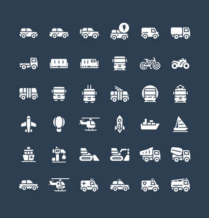 Vector flat icons set and graphic design elements. Illustration with public transport, cars solid symbols. Electric auto, minivan, truck, train, bicycle, bus, metro, airplane glyph pictogramのイラスト素材
