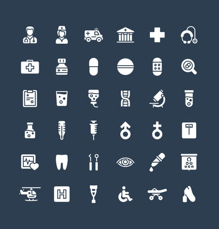 Vector flat icons set and graphic design elements. Illustration with medical, medicine and healthcare solid symbols. Dentist, health, ambulance, care, doctor, pill, stethoscope glyph pictogramのイラスト素材
