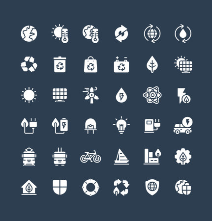Vector flat icons set and graphic design elements. Illustration with environmental and ecology solid symbols. Eco, bio energy, wind power, recycle, electric car charge station glyph pictogramのイラスト素材