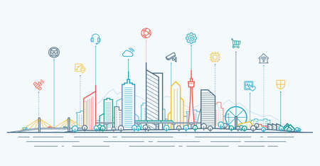 Smart city connection concept. Futuristic tech landscape whith integrated thin line icons. Outline future city panorama. Abstract vector town. Urban skyline with skyscrapers, office and home buildingsのイラスト素材