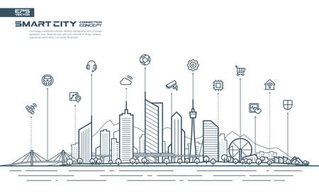 Editable vector. Smart city connection concept. Futuristic tech landscape whith integrated thin line icons. Growth network system, shopping, medicine, security, rental, transport, delivery services.のイラスト素材