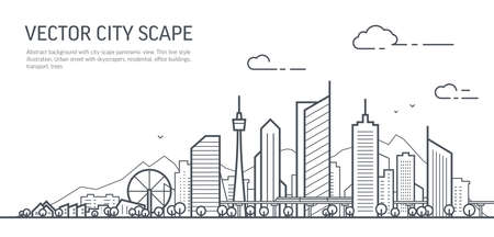 Futuristic cityscape thin line art illustration. Outline future city panorama. Abstract town landscape. Urban skyline with downtown skyscrapers, office buildings, park. Modern architectural exteriorのイラスト素材