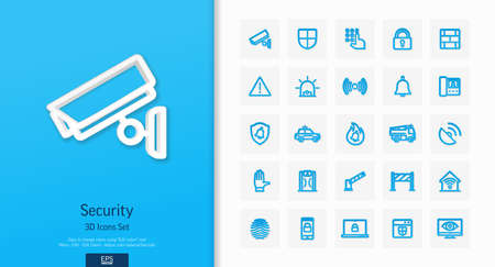 Vector 3d realistic style icons set. Illustration with security, cyber safety outline symbols. Protection, cctv camera, video monitor, home lock, control access line pictogram. Top view, shadowのイラスト素材