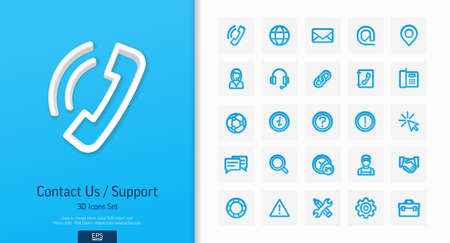 Vector 3d realistic style icons set. Illustration with contact us, technical support service outline symbols. Communication, client call, envelope, customer care line pictogram. Top view, shadowのイラスト素材