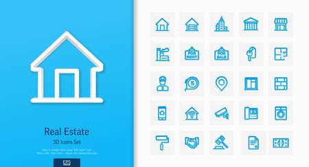Vector 3d realistic style icons set. Illustration with real estate outline symbols. Residential properties, apartments, store, office agency, rent room, bathroom line pictogram. Top view, shadowのイラスト素材