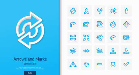 Vector 3d realistic style icons set. Illustration with arrows, direction and move outline flat symbols. Turn left, merge, switch, undo, transfer, synchronizing line pictogram. Top view, shadowのイラスト素材