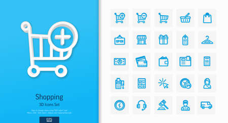 Vector 3d realistic style icons set. Illustration with shopping, e-commerce outline symbols. Internet market store, delivery, gift box, bag, payment, pay per click line pictogram. Top view, shadowのイラスト素材