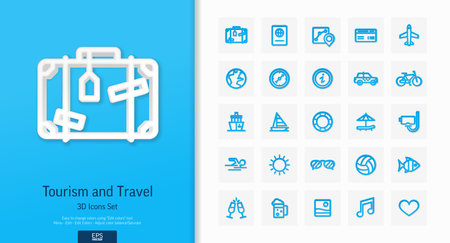 Vector 3d realistic style icons set. Illustration with travel, tourism outline symbols. Summer vacation, hotel room service, luggage, sunglasses, passport, resort line pictogram. Top view, shadowのイラスト素材