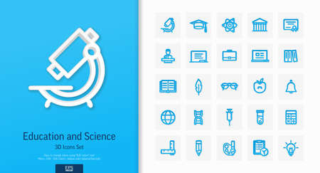 Vector 3d realistic style icons set. Illustration with education, science and laboratory research outline symbols. Idea bulb, dna code, medical development, atom line pictogram. Top view, shadowのイラスト素材
