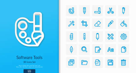Vector 3d realistic style icons set. Illustration with text edit, graphic software tools outline symbols. Pencil, eraser, new file, brush, scissors, bold, italic font line pictogram. Top view, shadowのイラスト素材