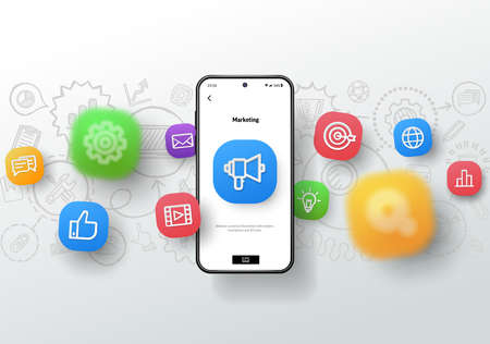 Digital marketing, SEO, network analytics, social media and online business concept. Realistic smartphone mockup, 3d icons flying over screen on hand drawn sketch, doodle design background. Vectorのイラスト素材