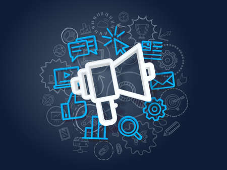 Modern style illustration of megaphone and different icons for Digital Marketing concept. 3d realistic integrated icons set on chalkboard with hand drawn doodle pictograms. Vector sketch illustration.のイラスト素材