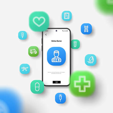 Healthcare, medicine business, health care, online doctor and medical support concept. Realistic smartphone mockup, 3d icons flying over screen. Application development, ui design background. Vectorのイラスト素材